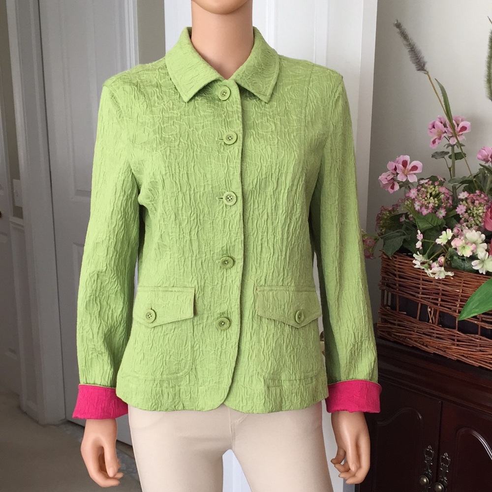 Coldwater Creek Lime Green Textured Crinkle Blazer Jacket Sz 12 - Picture 3 of 14